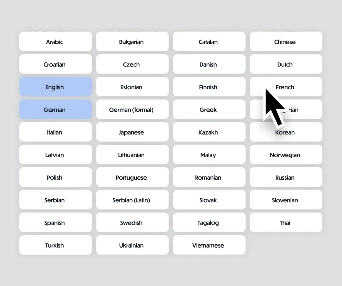 Language selector showing more than 35 languages from Arabic to Vietnamese, with German and English activated.