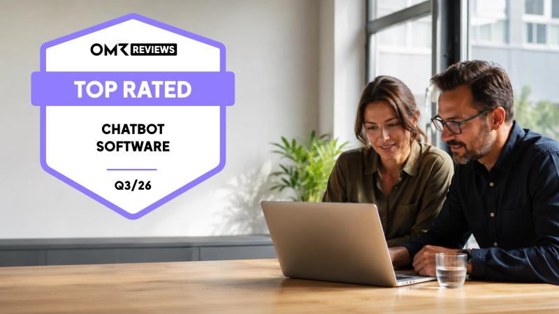 Two people working together at a laptop, next to the OMR Reviews Top Rated Chatbot Software Q3/26 badge.