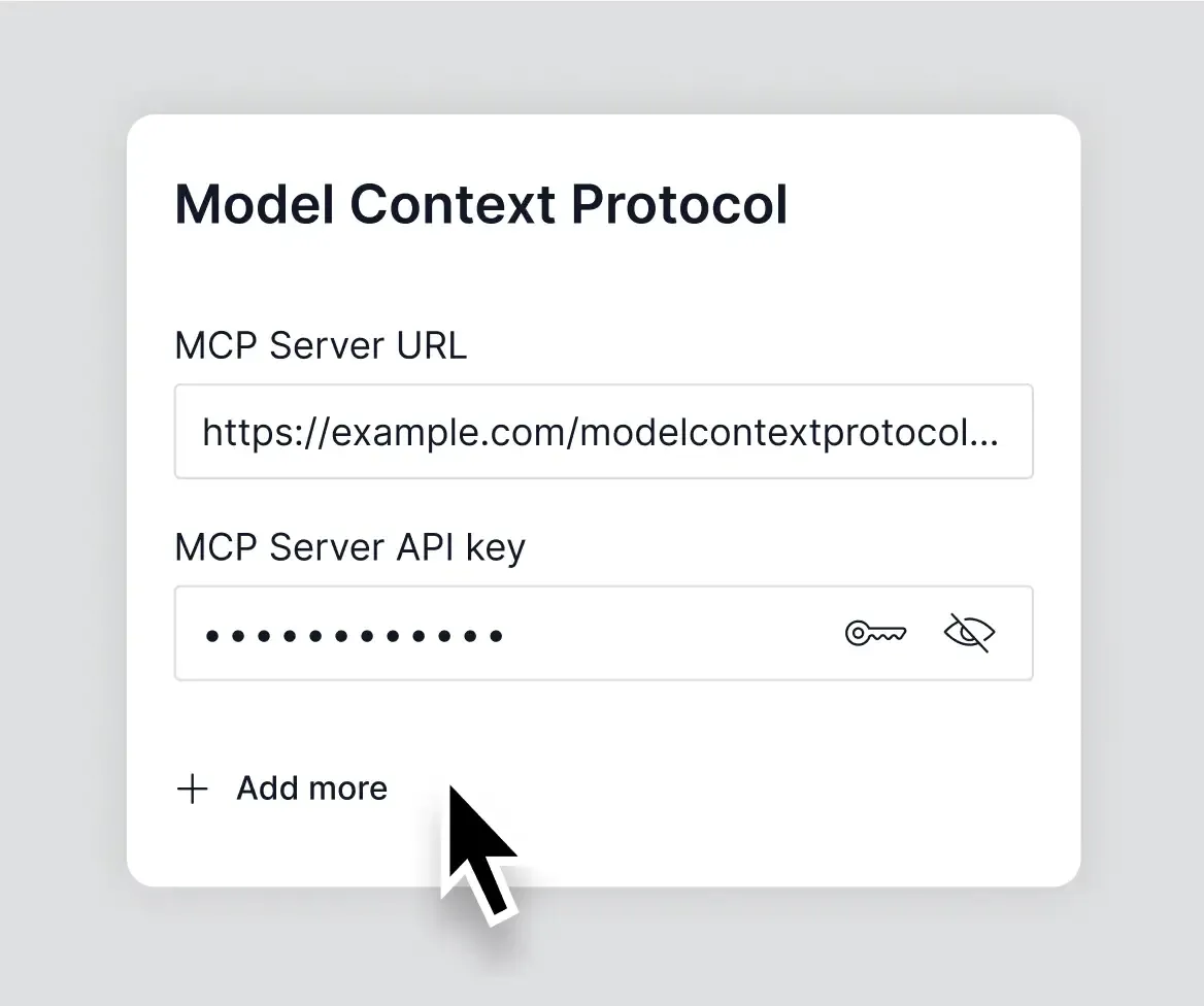 Configuration card for the Model Context Protocol with input fields for MCP server URL and API key.