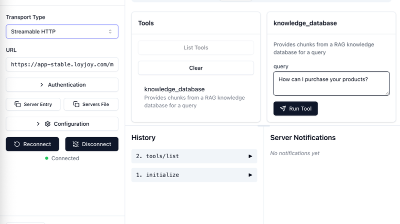 A look inside the MCP Inspector with integrated MCP server from LoyJoy