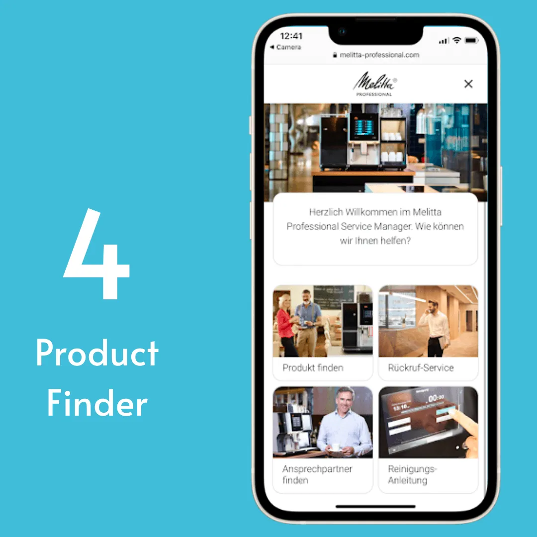A picture of the Melitta Professional experience and the Text "Product Finder" next to it.