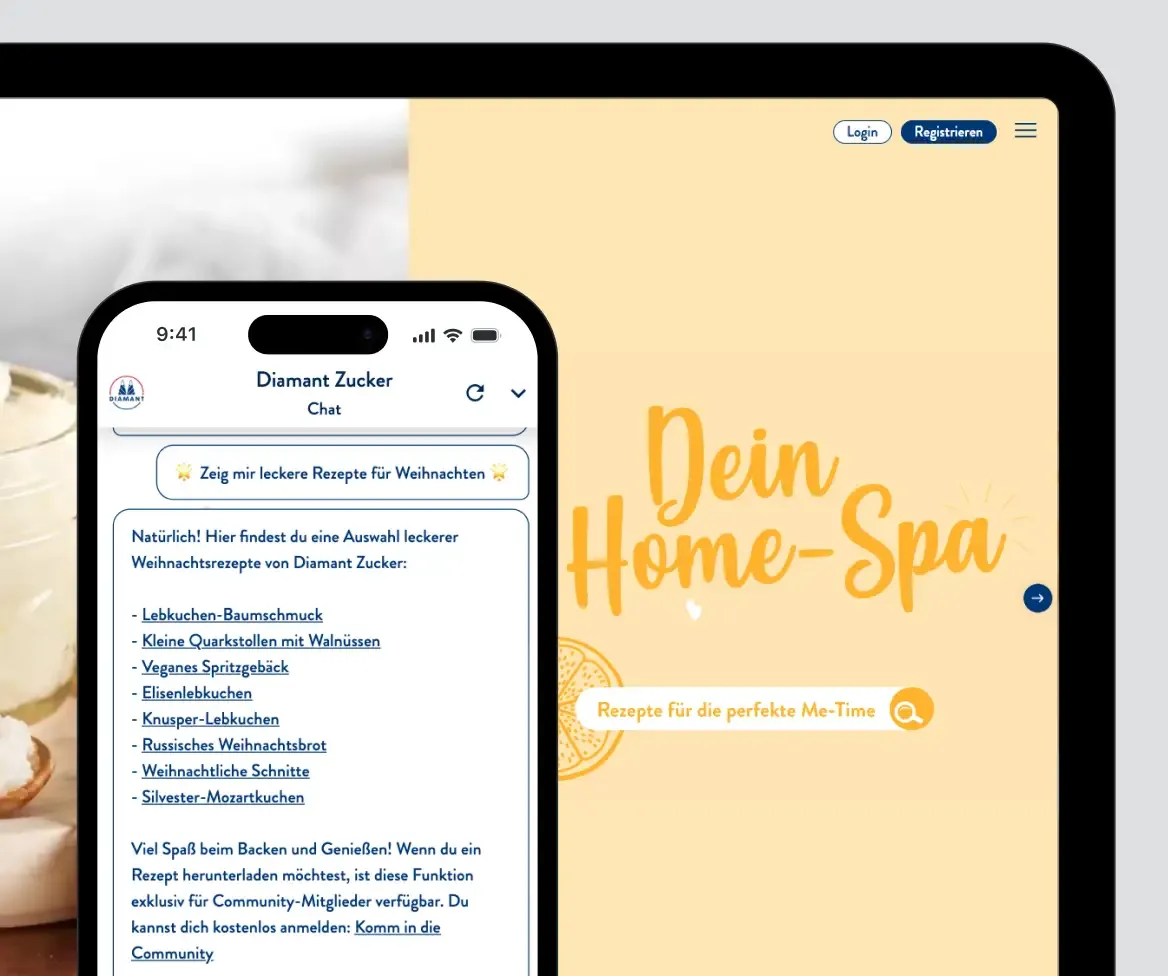 Tablet showing a Home Spa website and a smartphone with a Diamant Zucker chat, as an example of multi-device deployment.