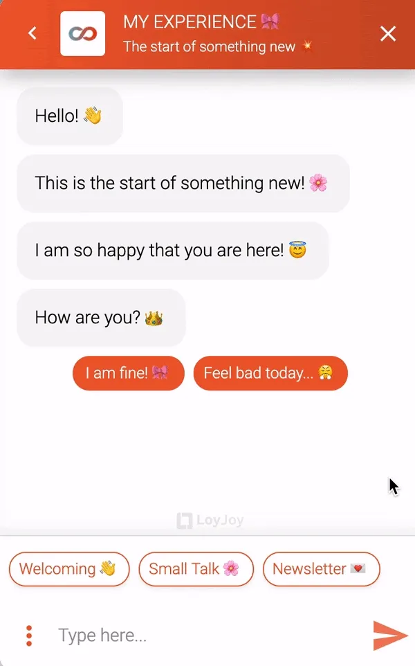 A chat example is shown. When the chat user answers "I&#x27;m fine!" to the question "How are you?", the chat continues with animated confetti in the background.