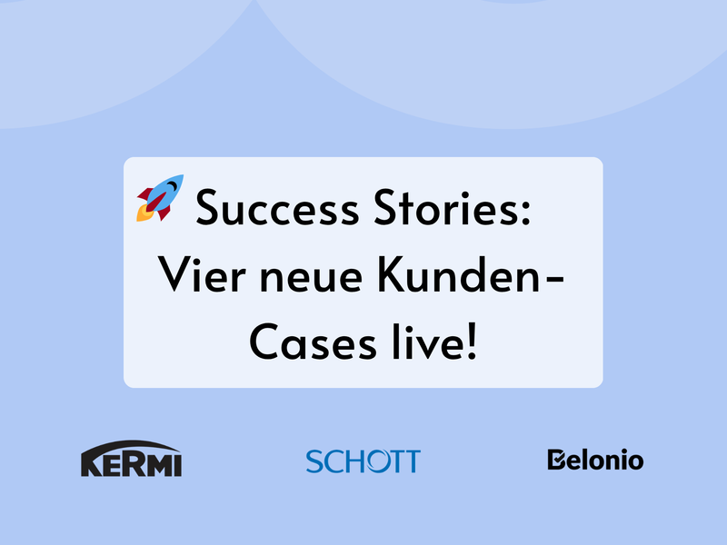 The image shows an announcement that there are new success stories on the website. In addition to the LoyJoy logo, you can also see the logos of Belonio, SCHOTT, and KERMI.