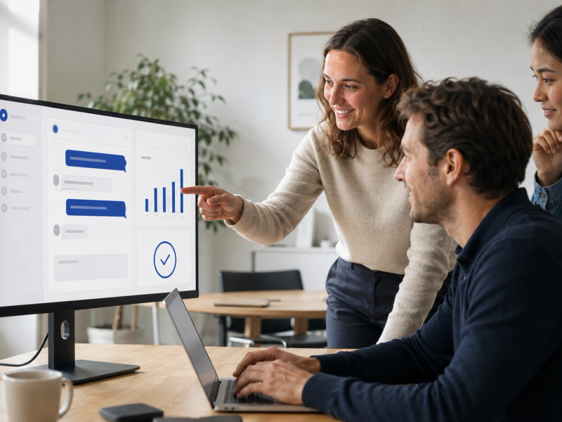 Drei Personen im Büro betrachten gemeinsam einen Monitor mit einer Chat-Oberfläche und einem Balkendiagramm zur Auswertung eines AI-Agent-Pilotprojekts.