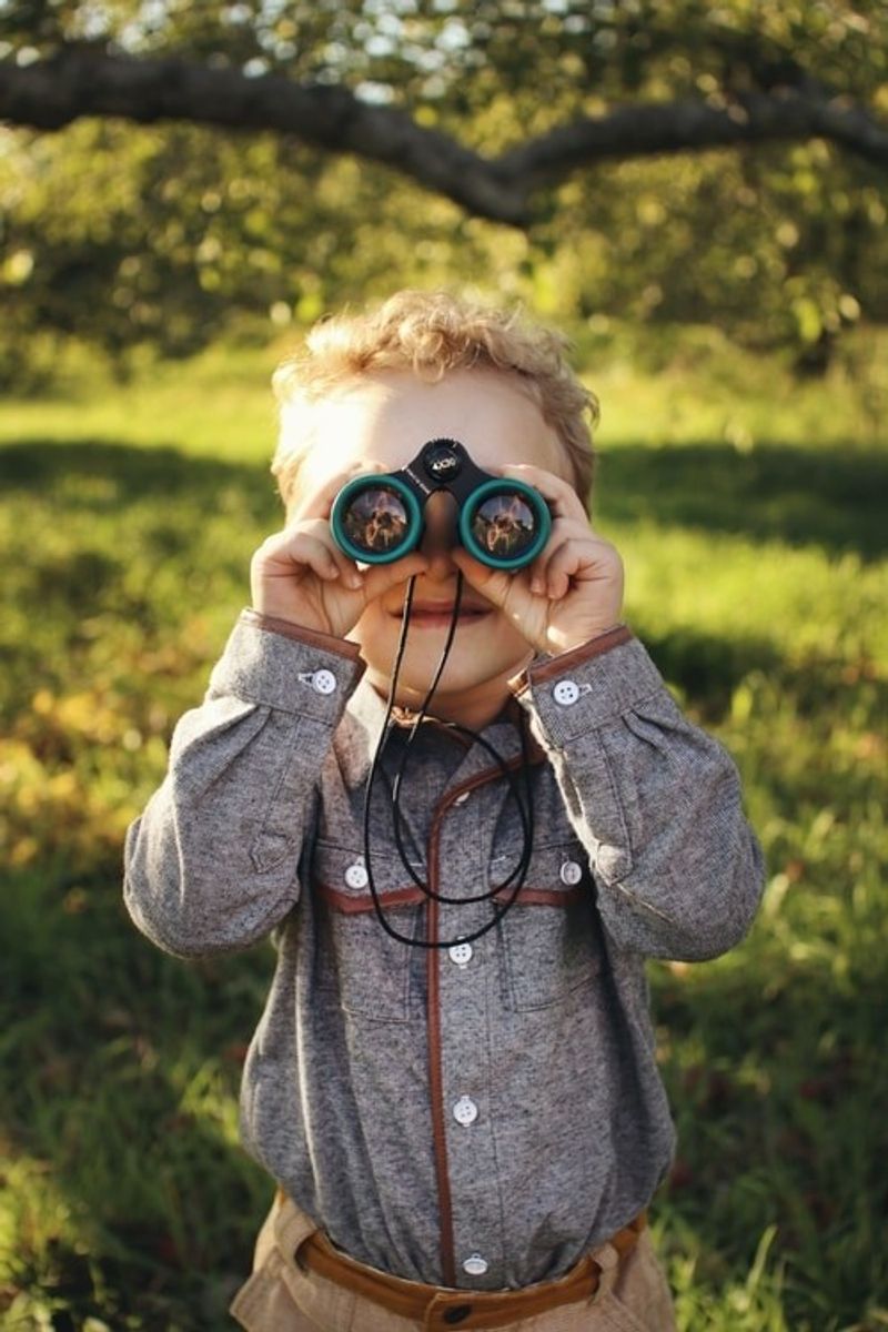 A child stands under a tree and holds a pair of binoculars in front of his face.