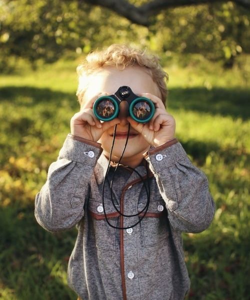 A child stands under a tree and holds a pair of binoculars in front of his face.