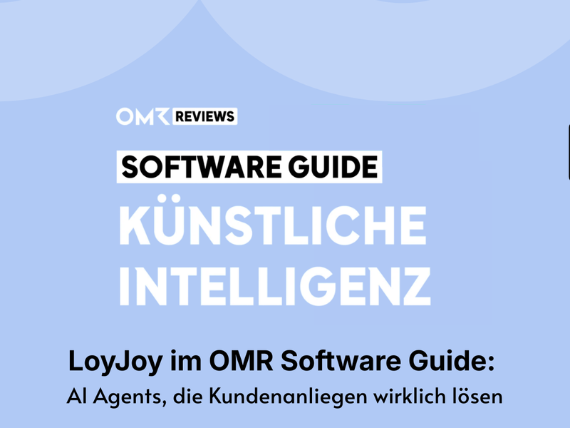 A square graphic for the OMR Software Guide to Artificial Intelligence. The background is light blue with subtle wave patterns. The LoyJoy logo is in the top left-hand corner, and the OMR Reviews logo is in the top right-hand corner. In the centre is the text ‘SOFTWARE GUIDE ARTIFICIAL INTELLIGENCE’. Below this is the headline: ‘LoyJoy in the OMR Software Guide: AI agents that truly resolve customer issues’
