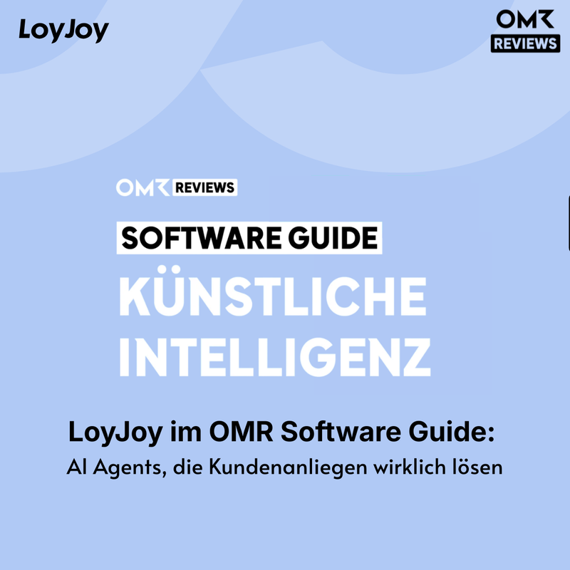 A square graphic for the OMR Software Guide to Artificial Intelligence. The background is light blue with subtle wave patterns. The LoyJoy logo is in the top left-hand corner, and the OMR Reviews logo is in the top right-hand corner. In the centre is the text ‘SOFTWARE GUIDE ARTIFICIAL INTELLIGENCE’. Below this is the headline: ‘LoyJoy in the OMR Software Guide: AI agents that truly resolve customer issues’