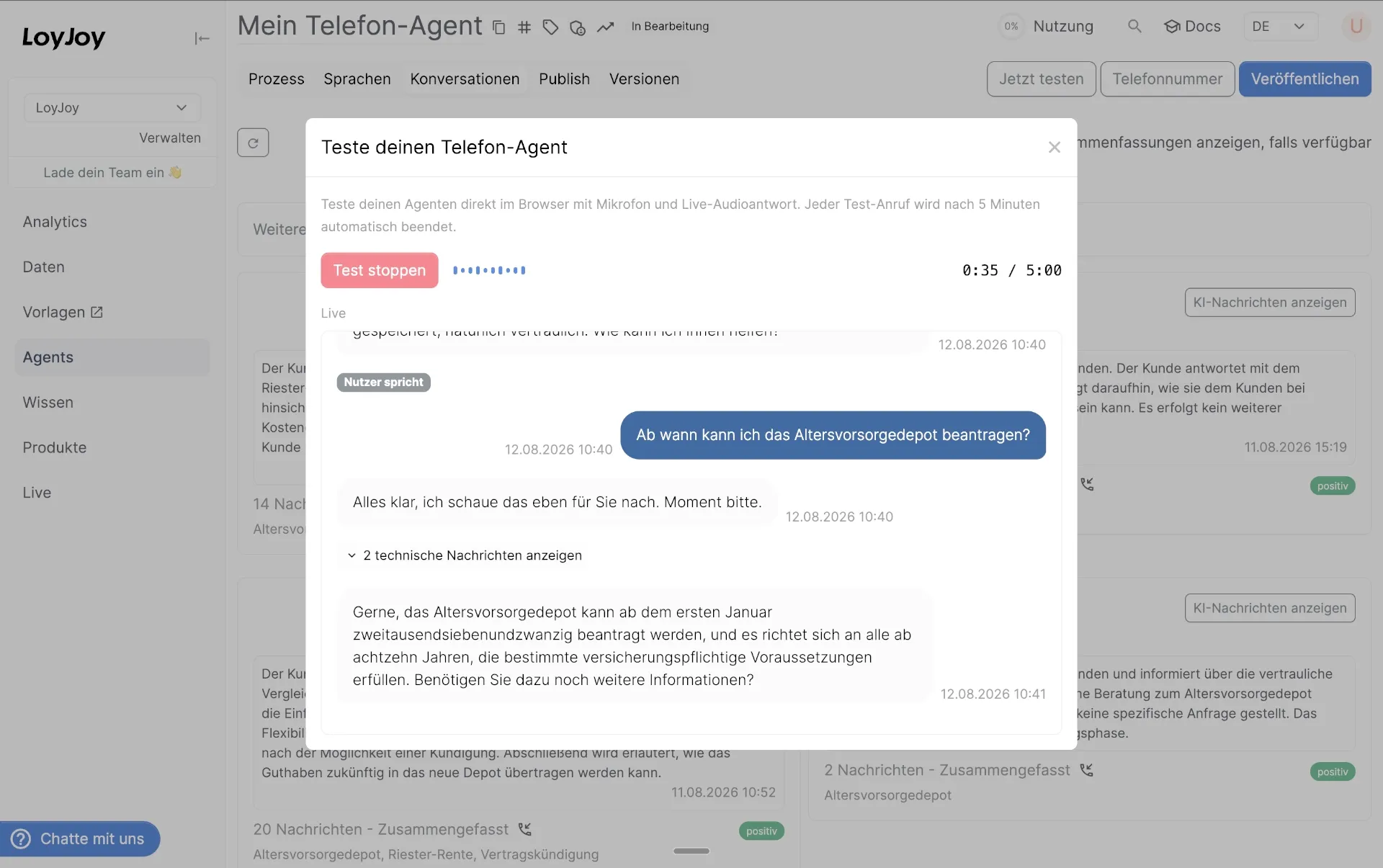 Browser-Test eines Phone-Agent mit Mikrofon, Live-Audioantwort und Echtzeit-Transkript