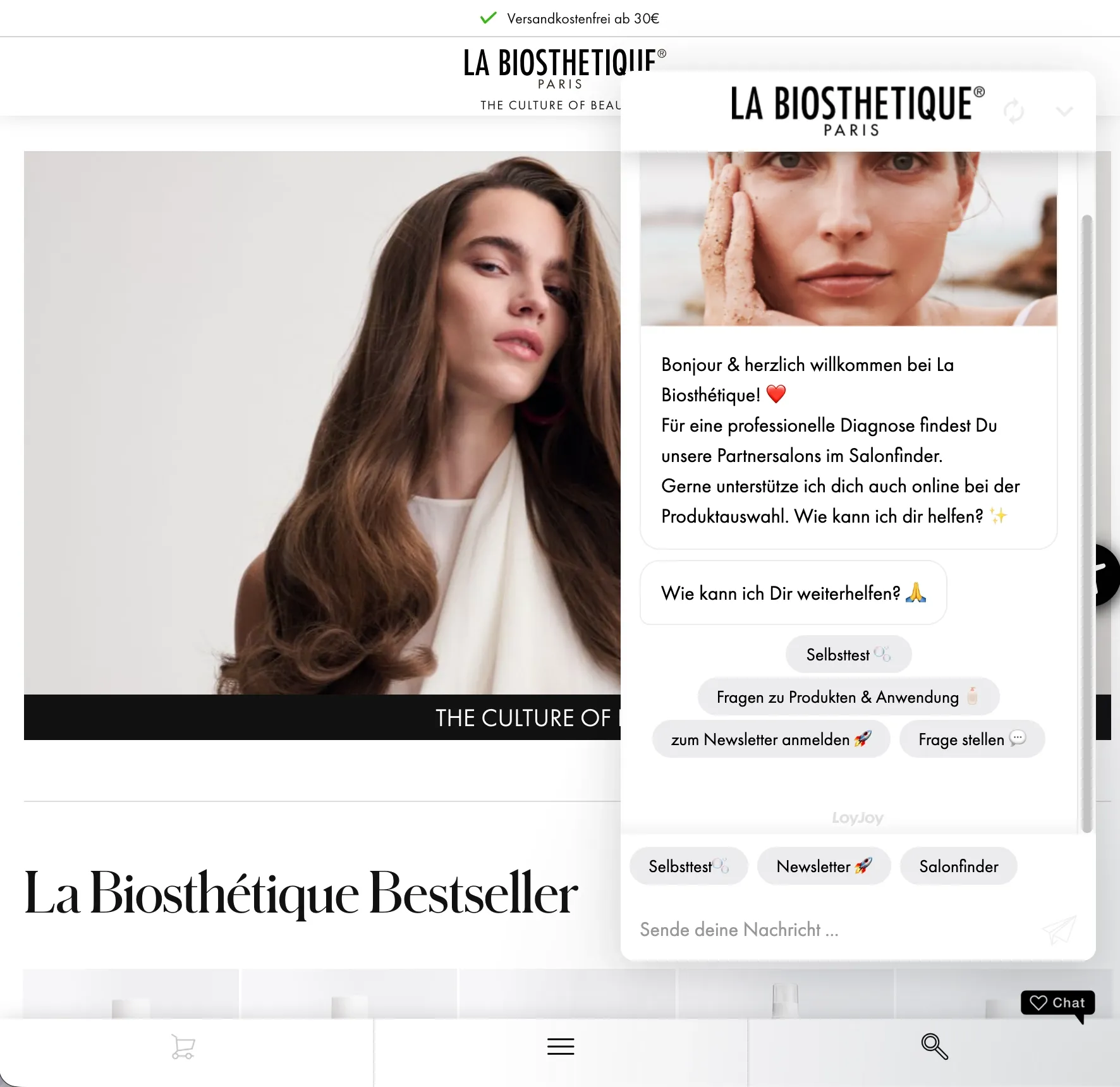 La Biosthétique Onlineshop mit geöffnetem KI-Produktberater