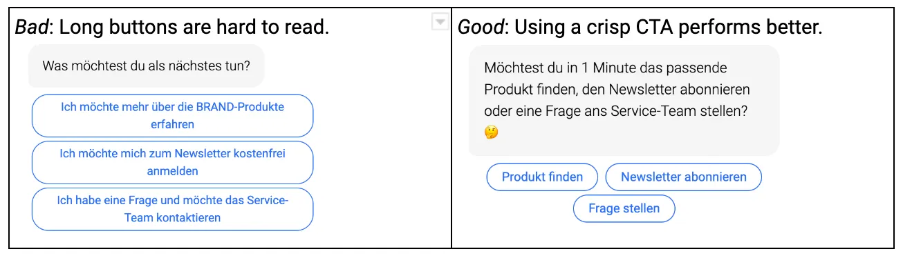 Two chat experiences are shown. A bad example with long buttons that are hard to read. And a good example with a crisp CTA that performs better.