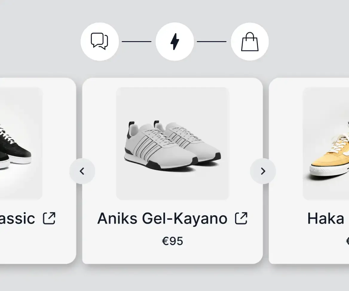Example carousel of sneaker recommendations with prices, above icons for chat, recommendation and shopping bag.