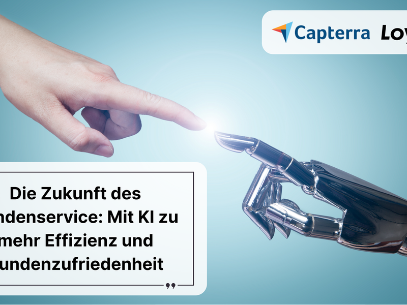 A human hand and a robot hand touch each other, with the LoyJoy and Capterra logos at the top right. At the bottom left is the title: The future of customer service: Using AI to increase efficiency and customer satisfaction.