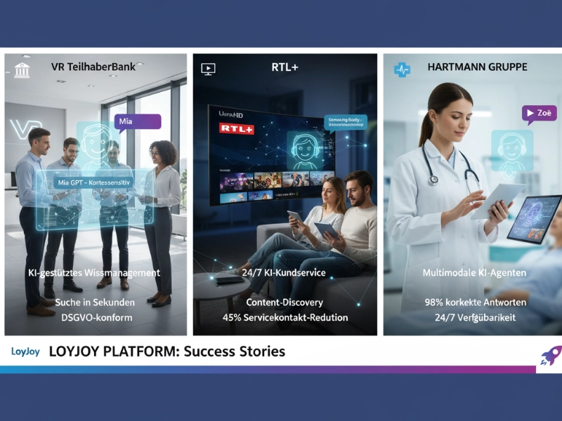 Logos of VR TeilhaberBank, RTL+, and HARTMANN GROUP with text 'New comprehensive success cases'