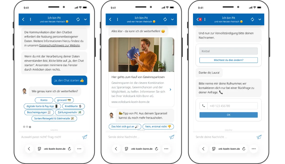 Screenshots of the Volksbank Chatbot Pit