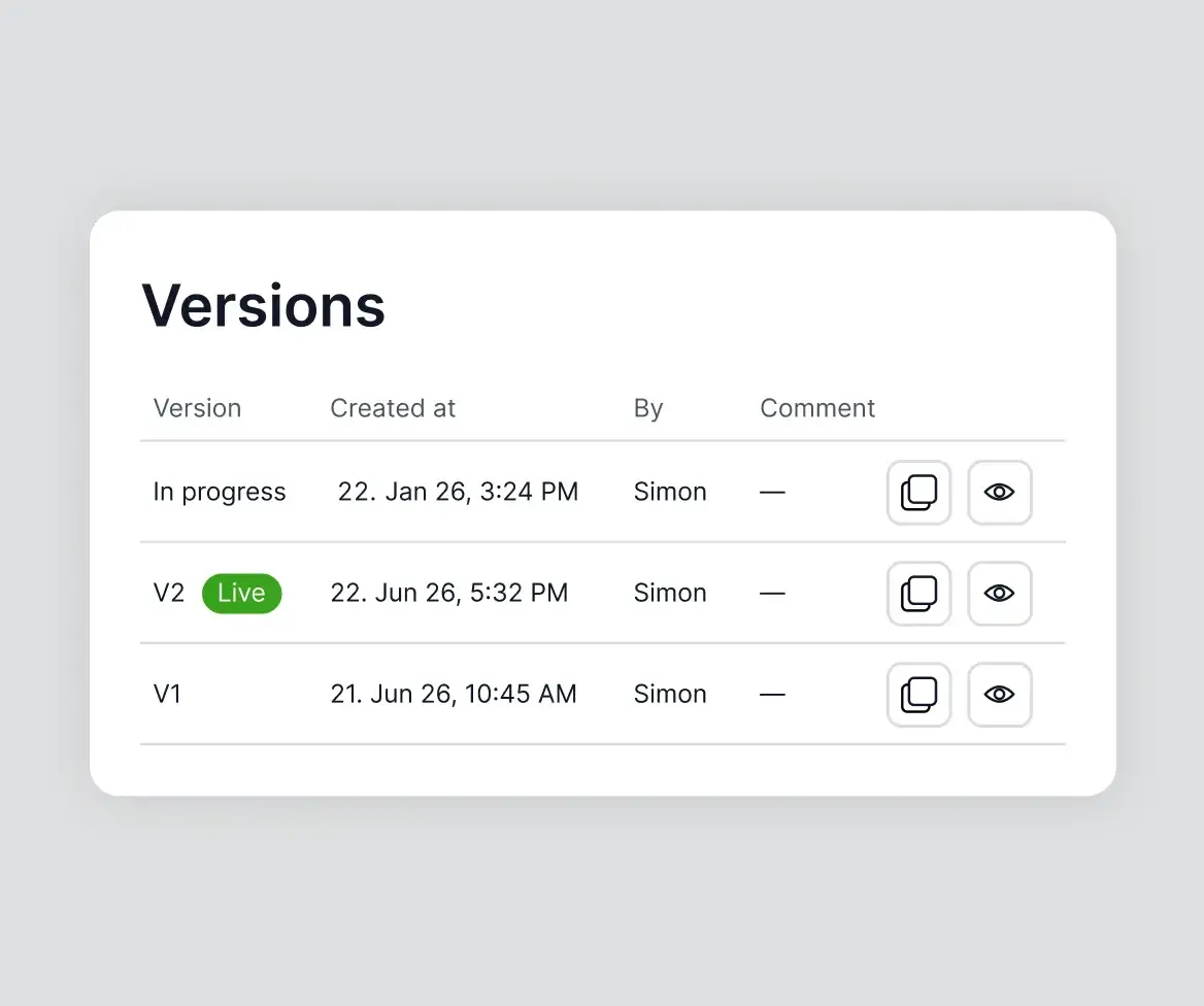 Versions table with in-progress version, live version V2 and history version V1 including timestamps and editor.