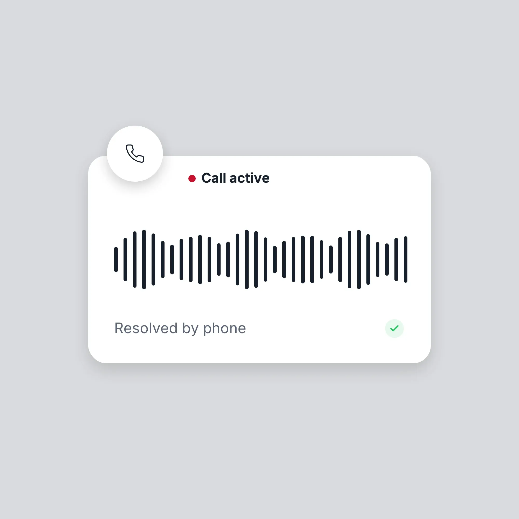 Active call card with phone icon, audio waveform and the status 'Enquiry resolved by phone'.