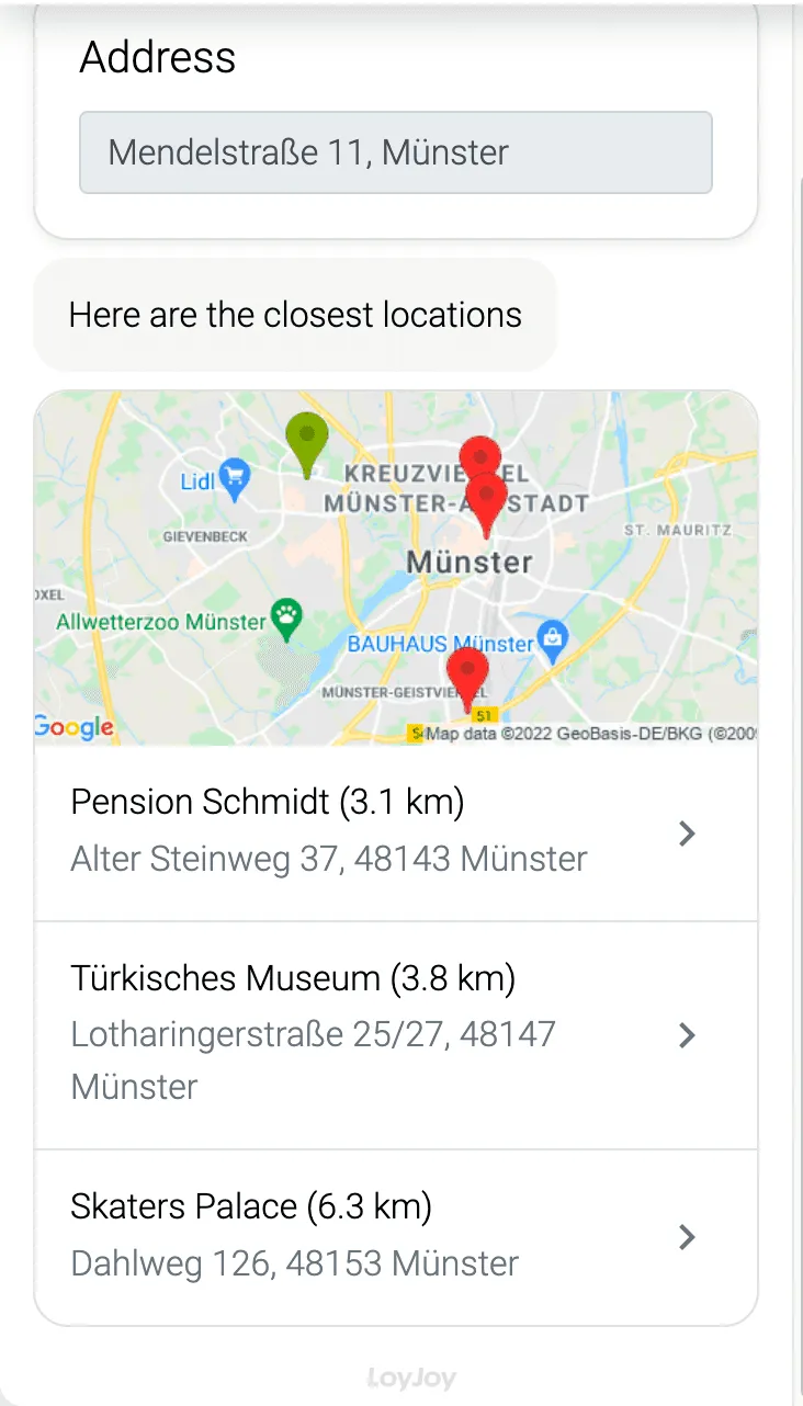 An experience and some locations near the address entered by the user are displayed.