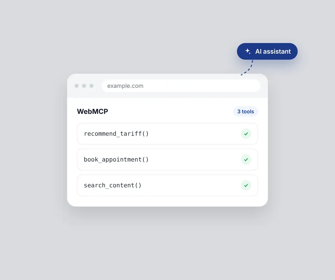 Browser window with WebMCP tools for tariff recommendation, appointment booking and content search, called by an AI assistant.