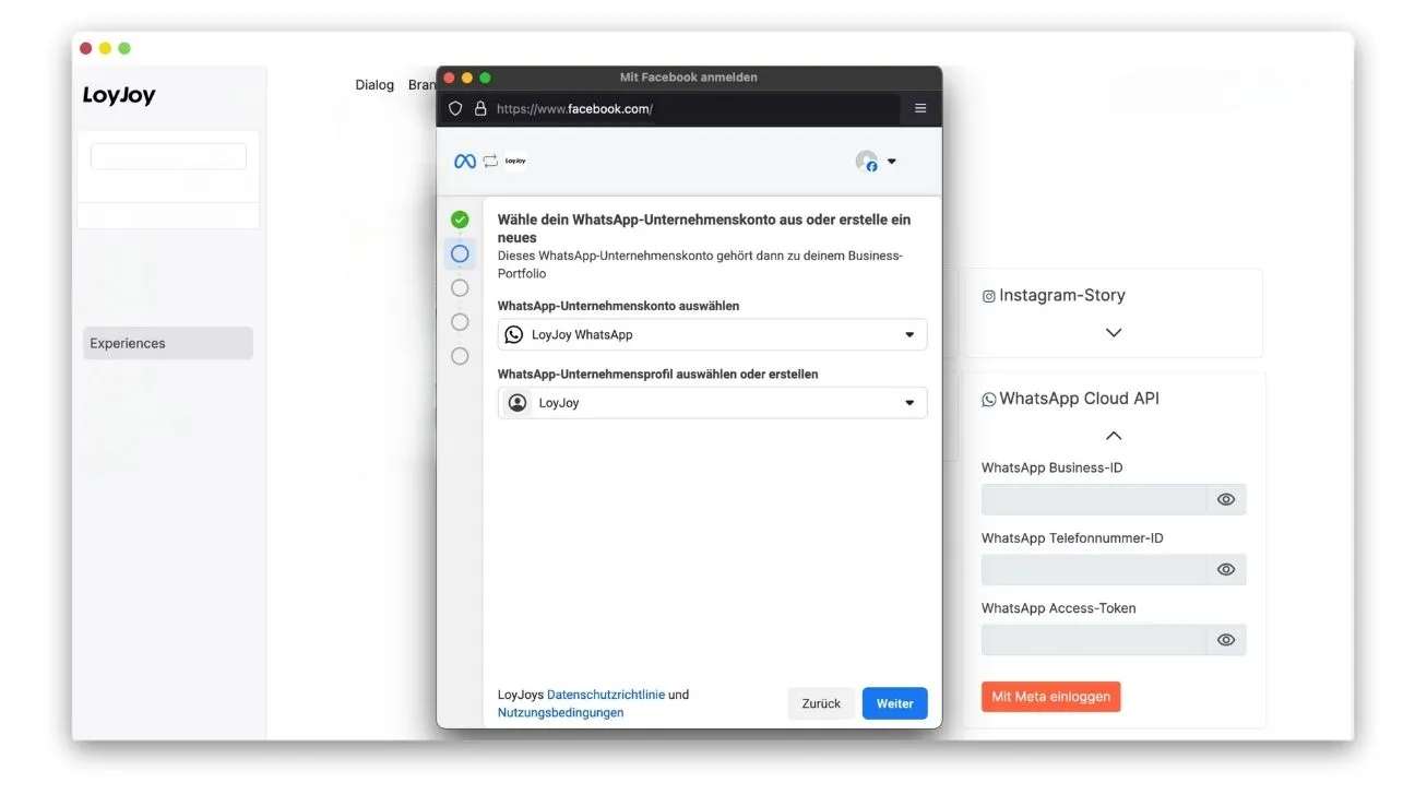The WhatsApp Business account setup screen shows options to select an existing WhatsApp account or to create a new account for a business profile.
