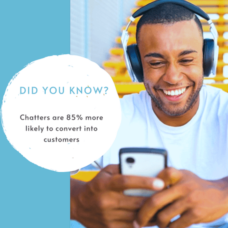 On the right side a smiling person with headphones on that is looking at a smartphone. Text on the left side: "Did you know? Chatters are 85% more likely to convert into customers."