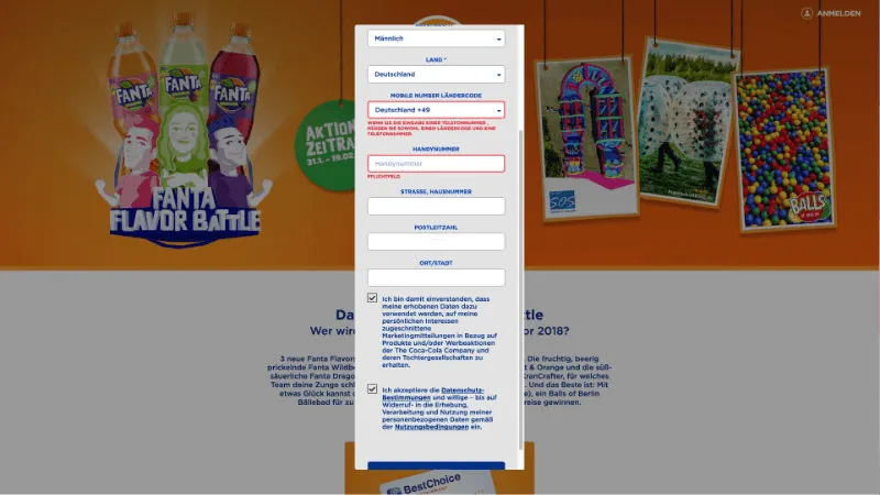 A bad example of a registration form is shown. Customers have to enter a lot of data to participate in a raffle.