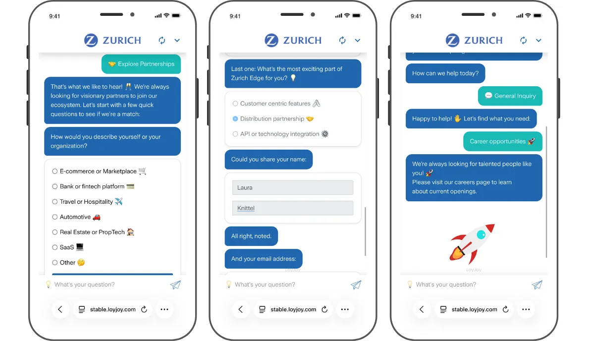 Screenshots of the Zurich Edge chatbot
