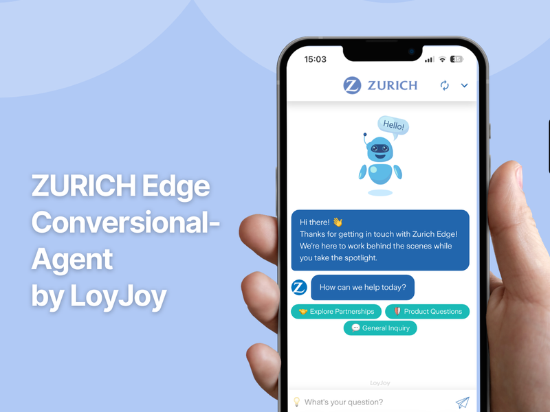 A smartphone displays a chatbot user interface of the ZURICH Edge Conversational Agent by LoyJoy with a welcome message and selection buttons